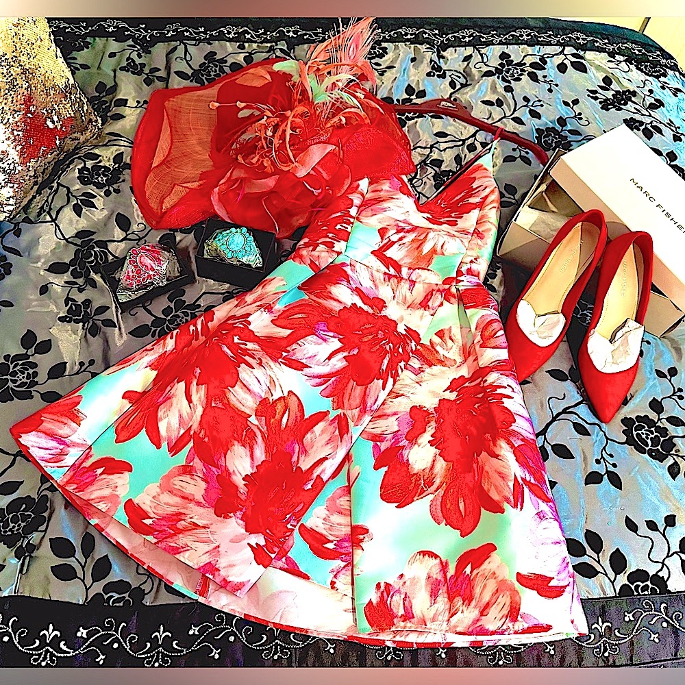 Floral peplum pleated dress, heels,bangles & haute hat custom couture collection